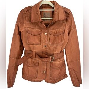 Bata Utility Moto Jacket Belted Rust Brown Safari Style Cargo Pockets Epaulet